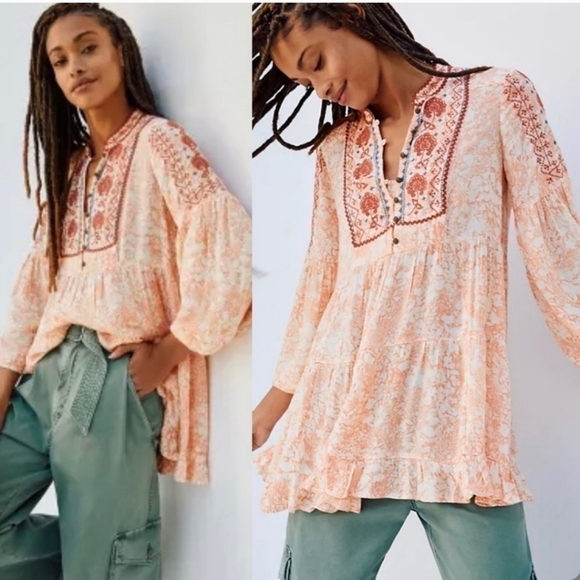 Anthropologie Blouse XSP Orange Claudia Embroidered Babydoll Tunic Top Boho - Picture 2 of 10